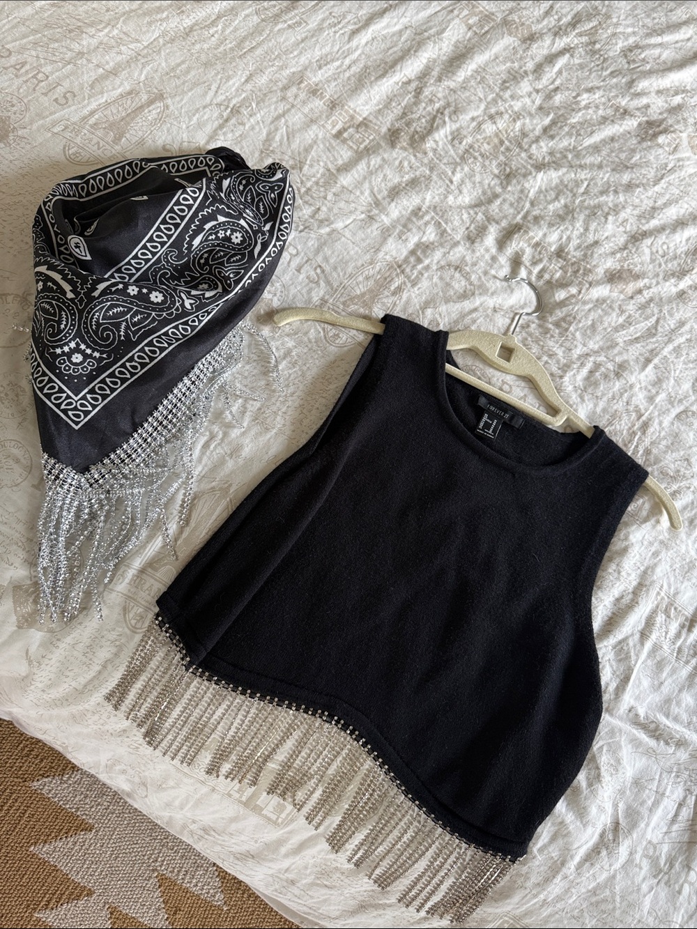 Forever 21 Black Sleeveless Crop Top with Silver Beaded Fringe